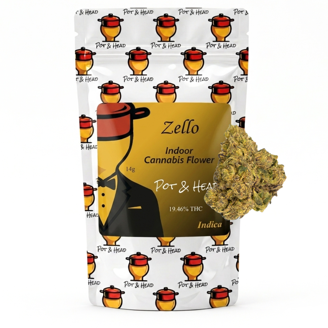 Pot & Head Zello 14g indoor cannabis flower bag with sweet creamy flavor and smooth relaxing effects, 19% THC