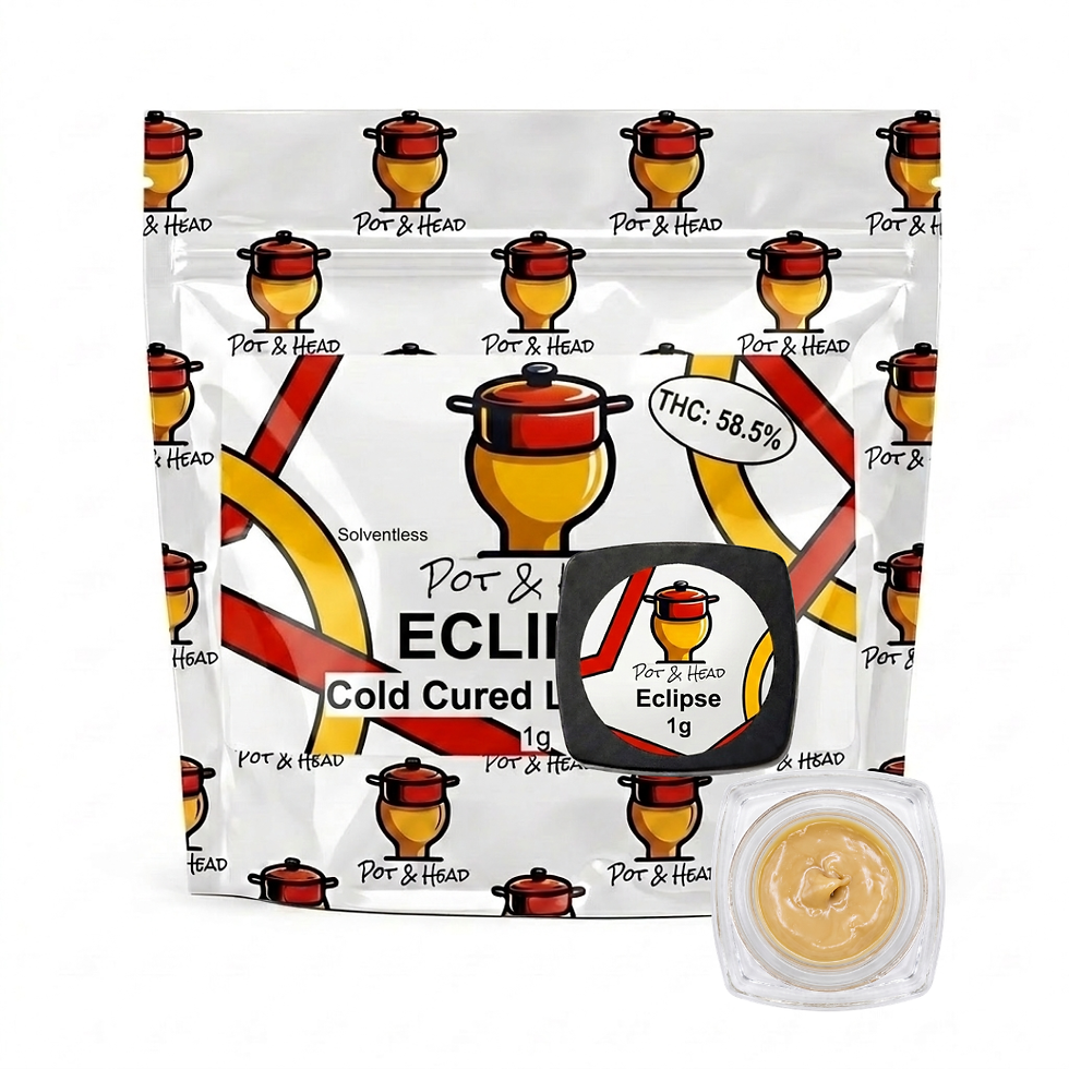 Pot & Head Eclipse 1g cold cure live rosin with pouch, labeled lid, and open glass jar