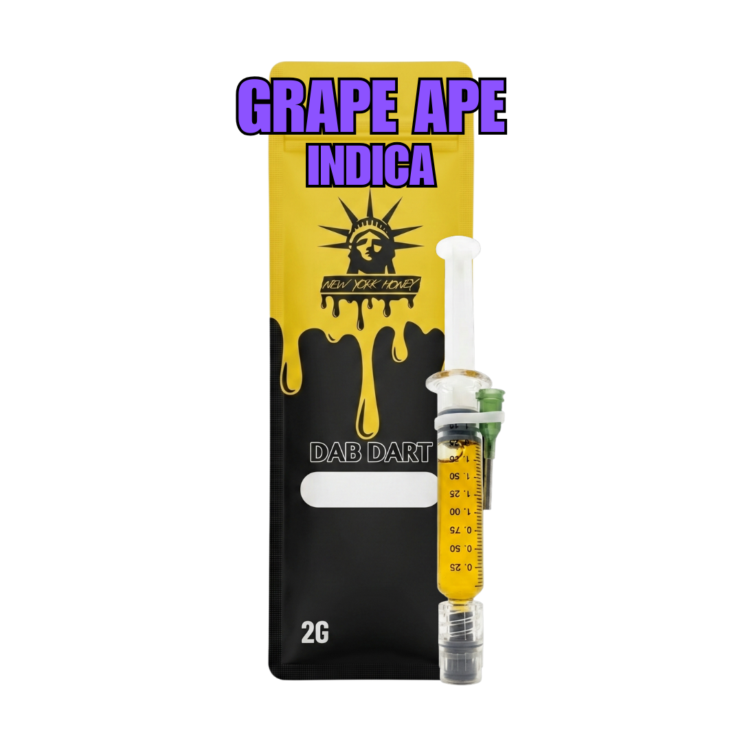 New York Honey Grape Ape indica 2g Dab Dart syringe with yellow-black bag.