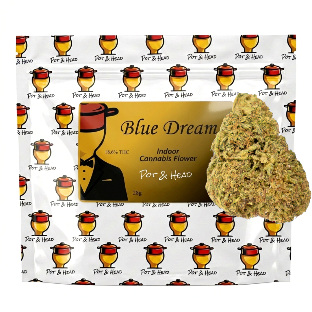 Pot & Head Blue Dream 28g indoor cannabis flower bag with sweet berry flavor and uplifting hybrid effects, 19% THC
