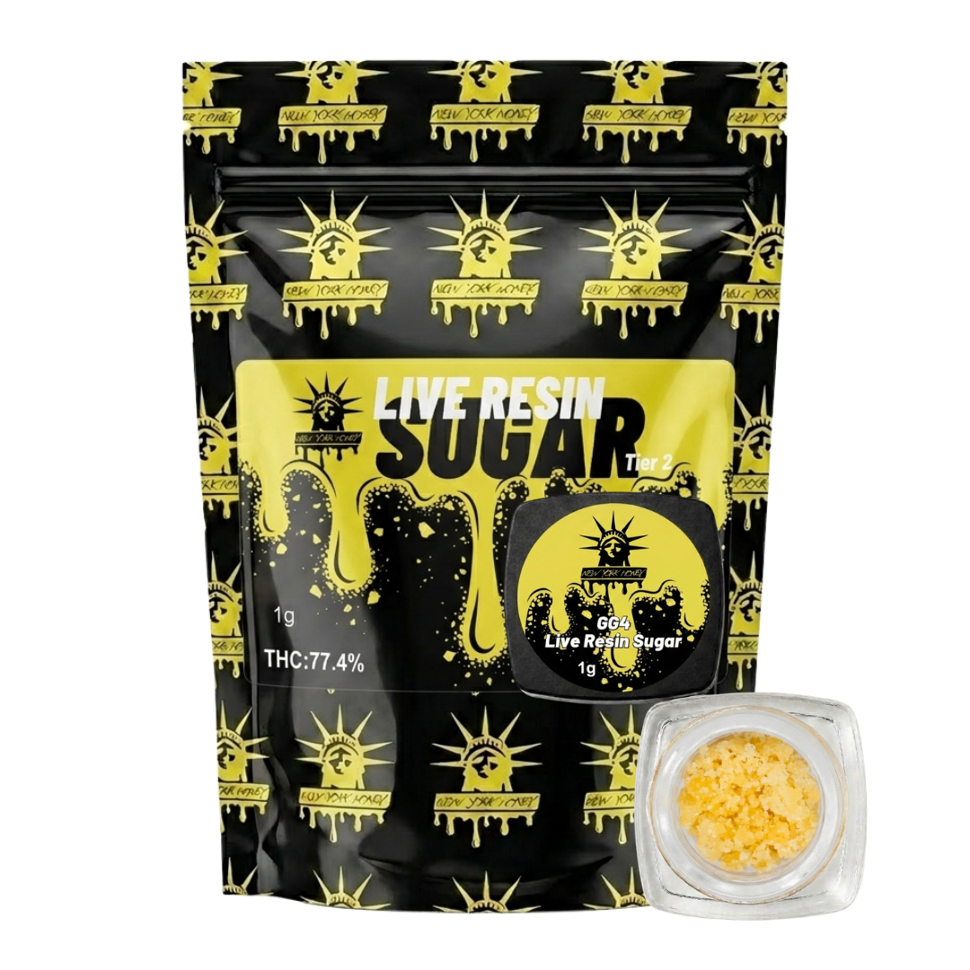 NYH 1g Sugar GG4 concentrate jar and packaging with dense golden crystal texture