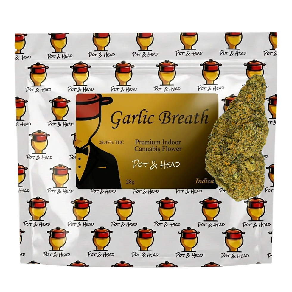 Pot & Head Garlic Breath 28g indoor cannabis flower bag with savory garlic and earthy profile, heavy relaxing effects, 28% TH