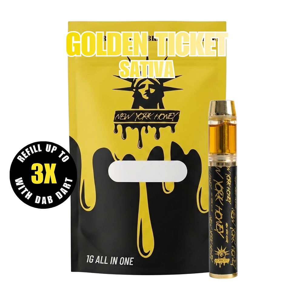 New York Honey Golden Ticket sativa 1g all-in-one vape and yellow-black bag, refillable up to 3x with Dab Dart.