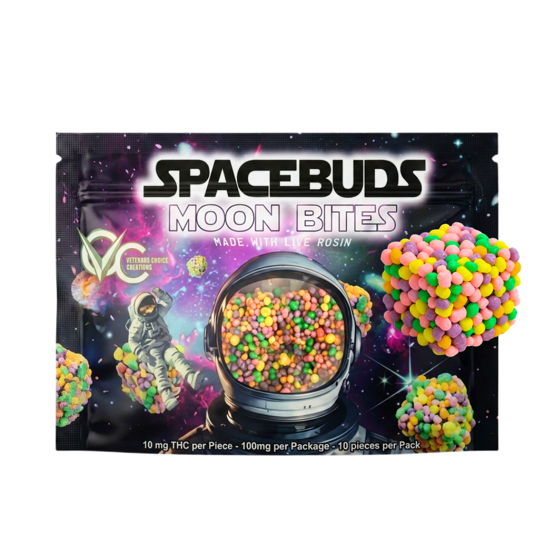 Spacebuds Moon Bites Strawberry Slushie THC edibles shown with branded pouch and candy-coated bites