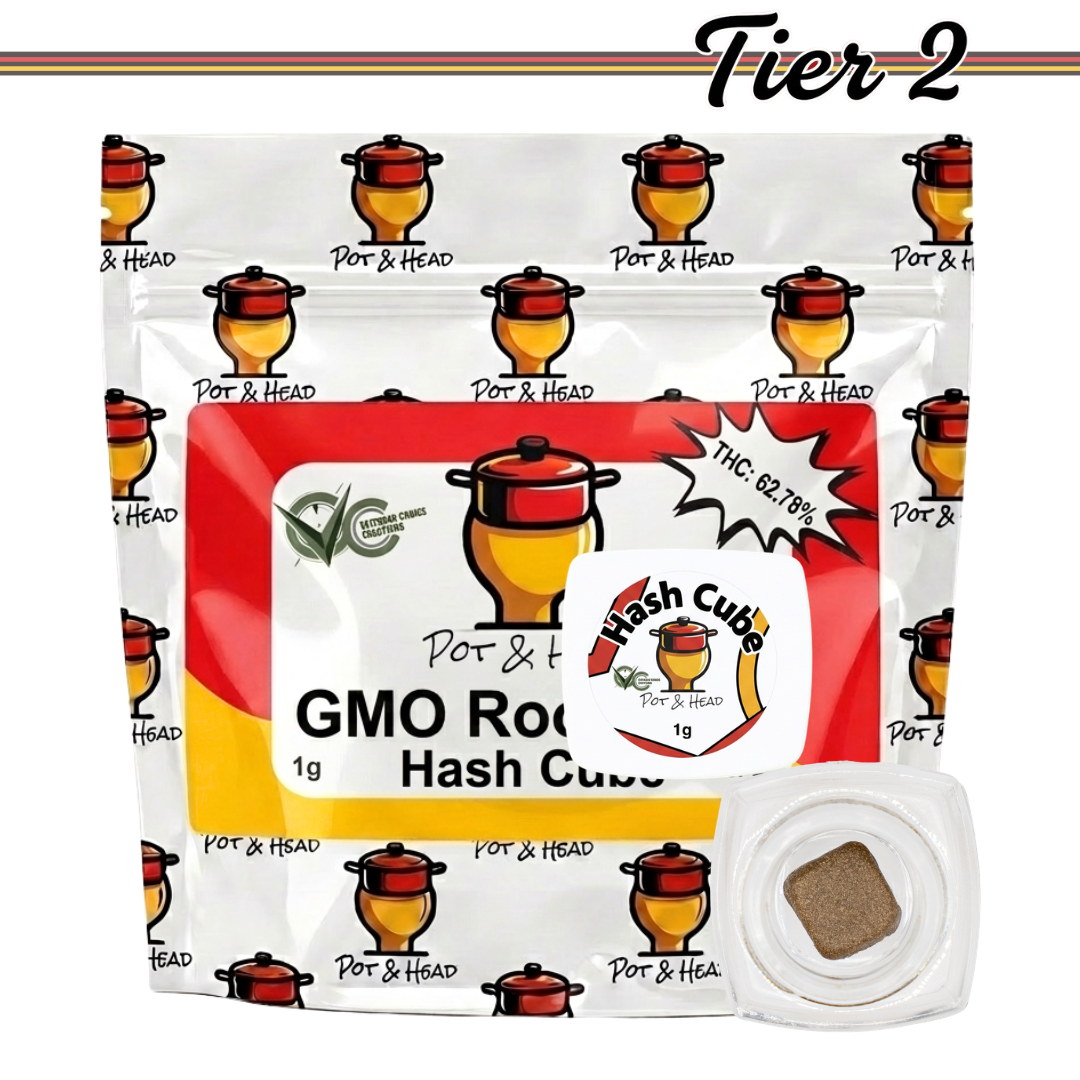 Pot & Head GMO Rootbeer Tier 2 Hash Cube packaging with pressed bubble hash cube in glass jar