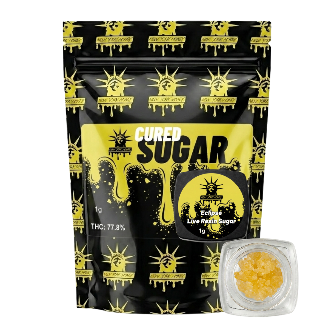 NYH 1g Sugar Eclipse concentrate jar and packaging with golden crystal texture