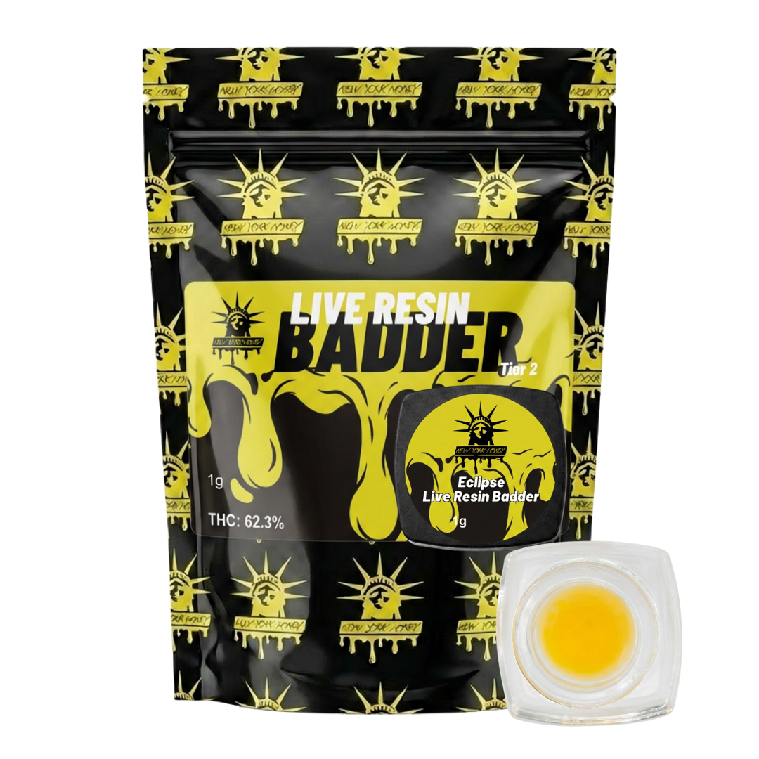 NYH 1g Live Resin Badder Eclipse jar and packaging with soft golden badder texture