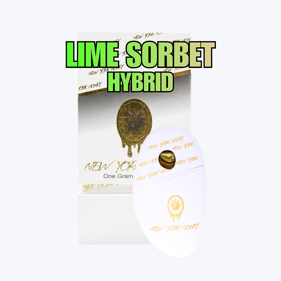 New York Honey Cured Resin Stone Lime Sorbet vape with white and gold packaging and device displayed in front