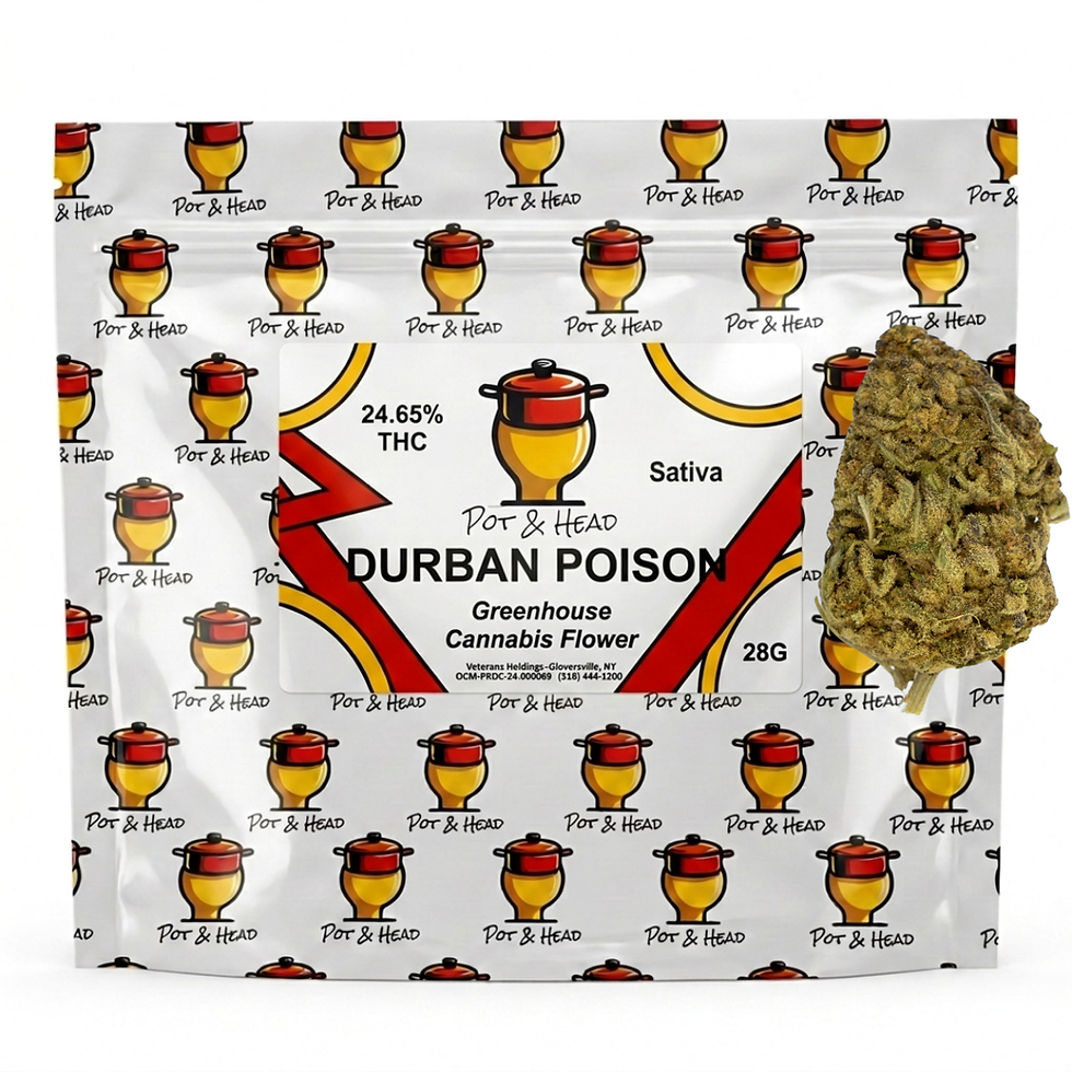 Pot & Head Durban Poison 28g sativa cannabis flower bag with citrus and spice notes, energizing effects, 25% THC