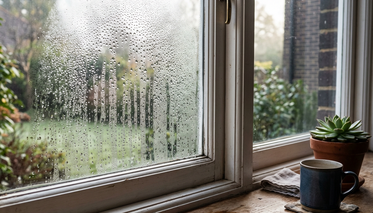 Close-up view of water droplets on the inside of a home window
