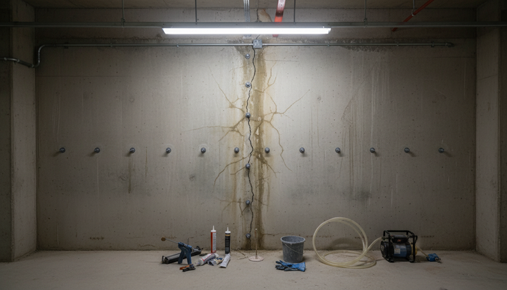 Eye-level view of injection ports installed along a concrete wall crack.