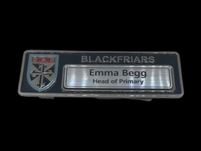 Custom interchangeable name badge by PW Australia, featuring a removable engraved plate for easy role updates and personalised design.