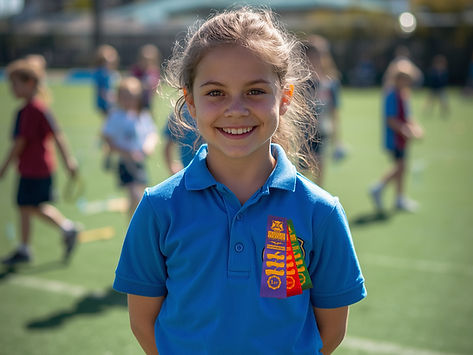 Primary school girl wearing house colour sports ribbons at sports day