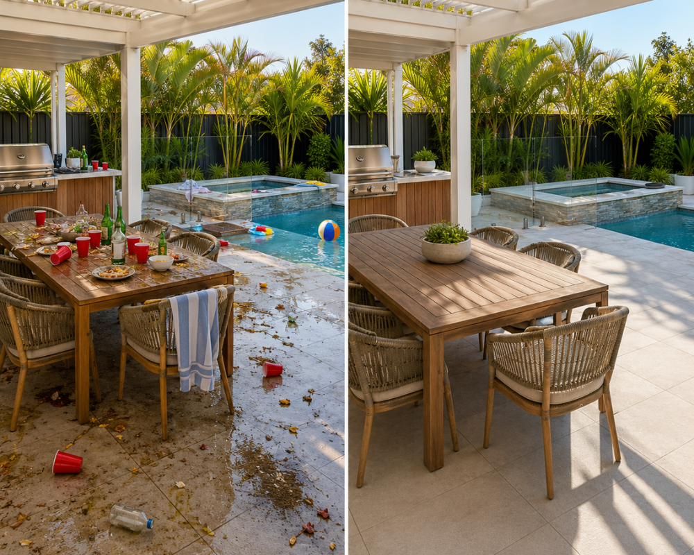 Before and after outdoor entertaining area clean by Southern Clean Scene, showing a messy pergola, pool and spa area transformed into a clean, tidy and beautifully reset outdoor space.