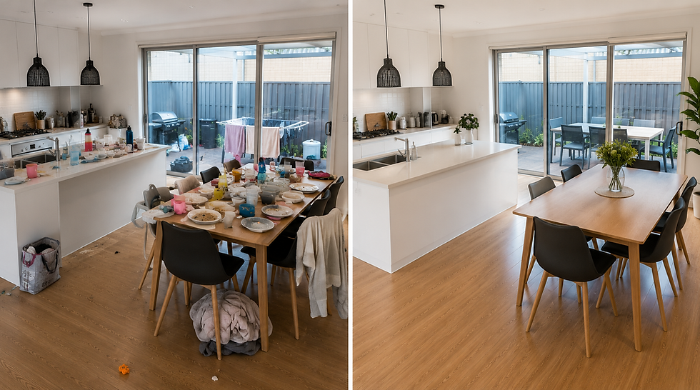 sBright, clean family home with spotless kitchen, living room and freshly cleaned floors after a Full Scene Clean by Southern Clean Scene.
