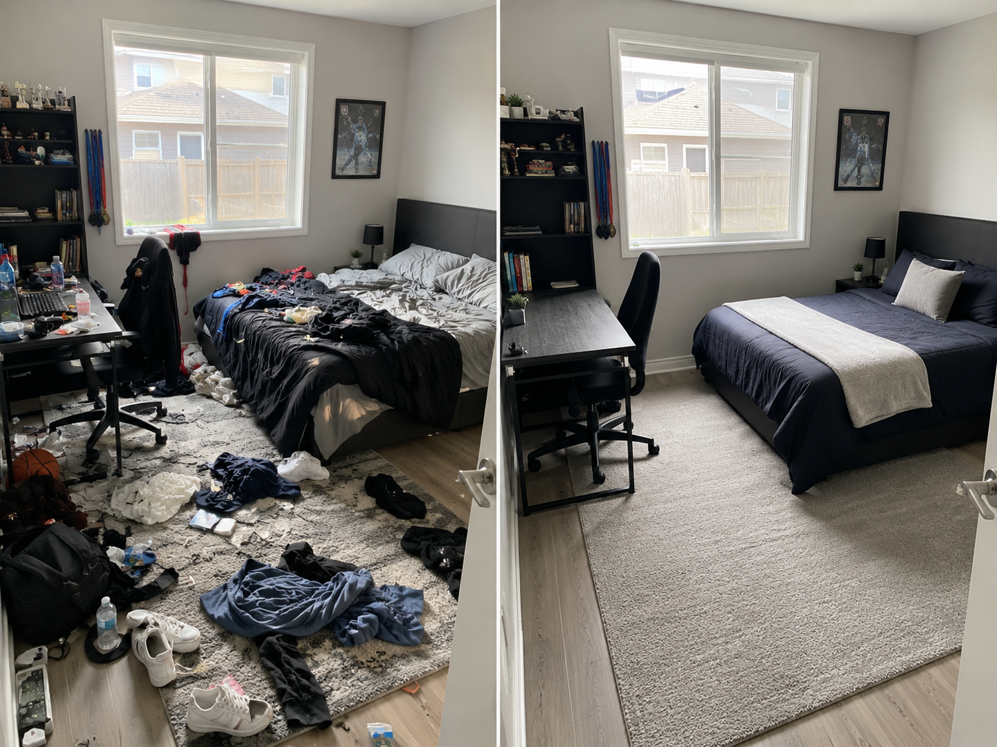 Clean and refreshed teen bedroom by Southern Clean Scene, showing a tidy bed, organised desk, clear floor and calm reset after a Teen Room Rescue service.