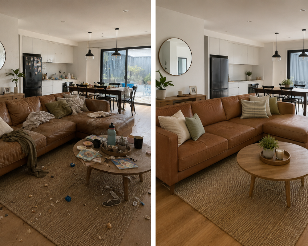 Before and after lounge room clean by Southern Clean Scene, showing a dusty, cluttered living space transformed into a clean, tidy and refreshed room.