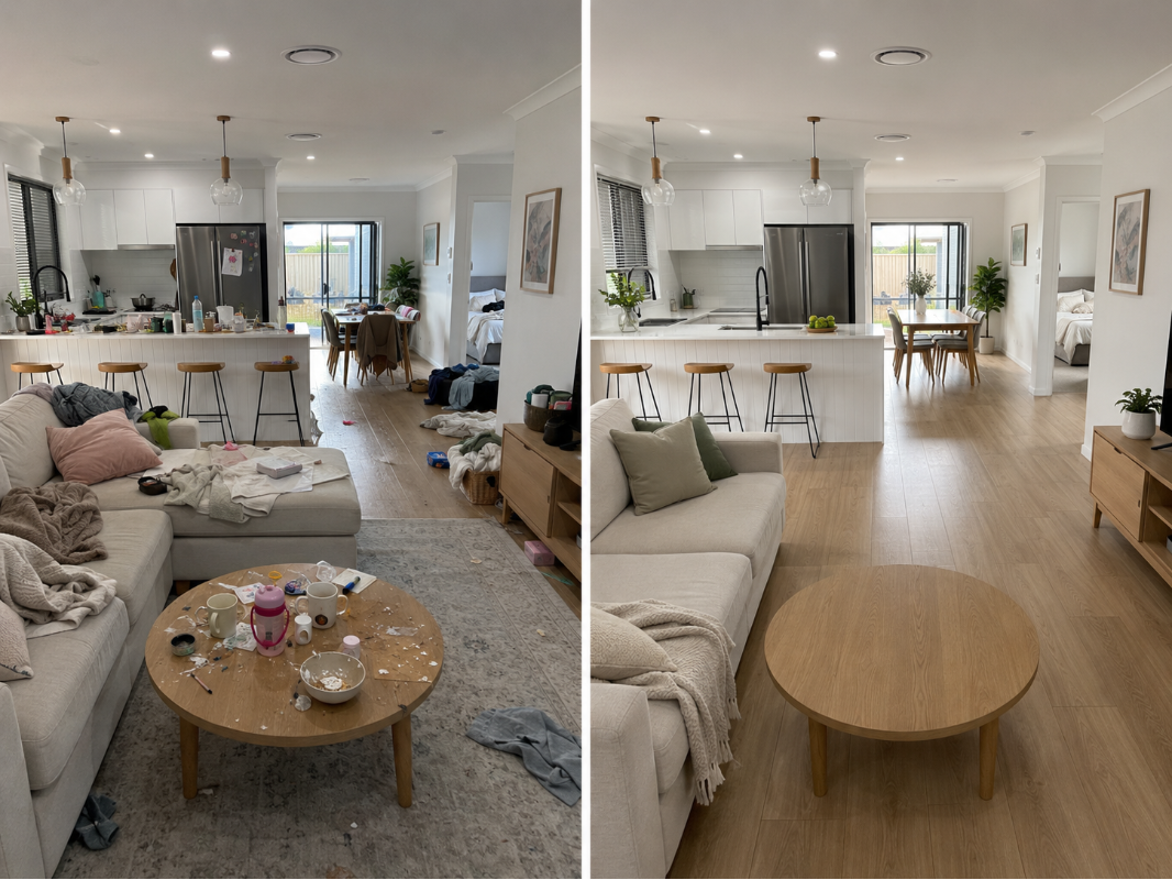 Cleaner tidying and refreshing a family home kitchen and living area as part of The Helping Hand home cleaning service in Adelaide.