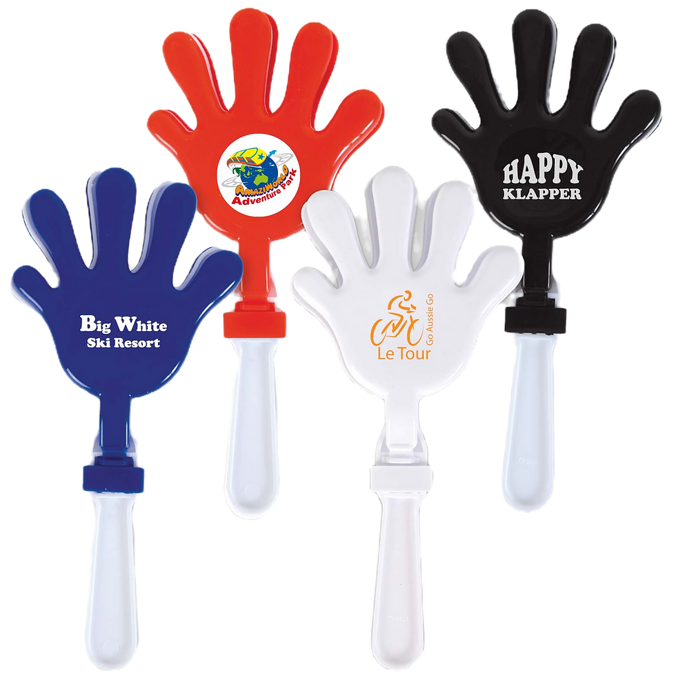 happy klapper novelty toy with custom message in Blue, Red, White and Black options.