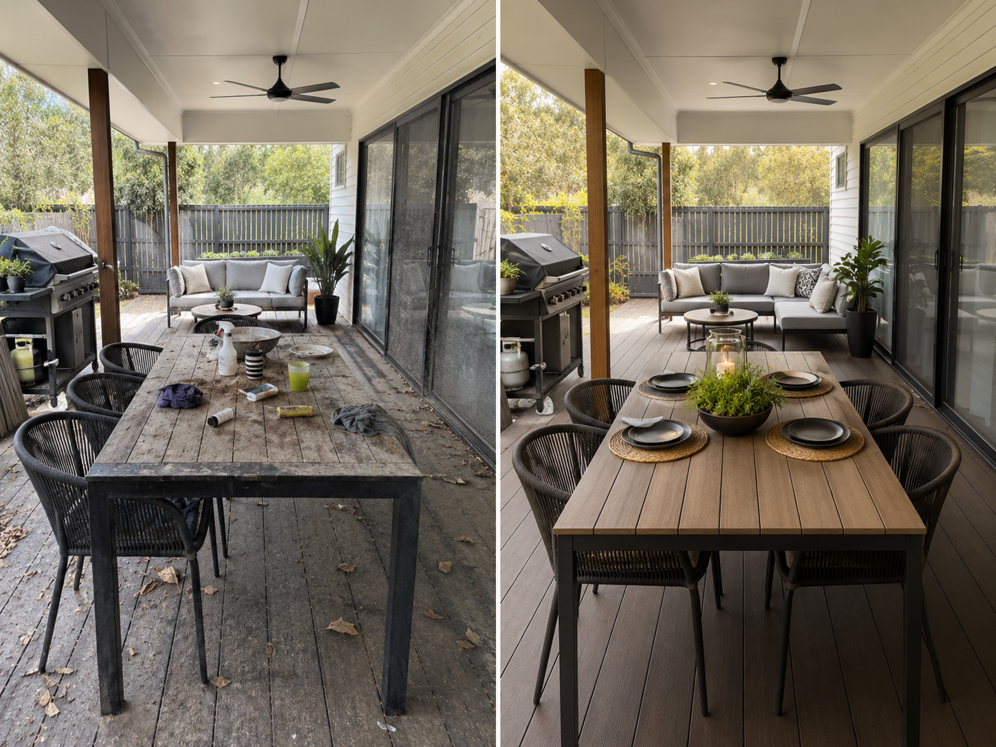 Fresh and tidy patio by Southern Clean Scene, showing clean outdoor furniture, refreshed surfaces and a guest-ready entertaining area after a Party-Ready Patio service.