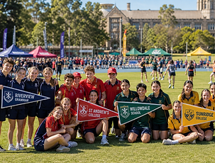 House captains holding custom event pennants in front of school sports carnival marquees