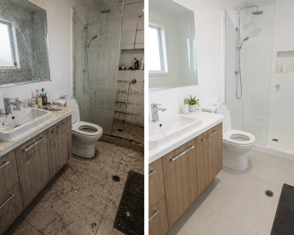 Sparkling clean bathroom by Southern Clean Scene, showing a fresh vanity, clean shower, bright grout and polished surfaces after a Bathroom Blitz service.