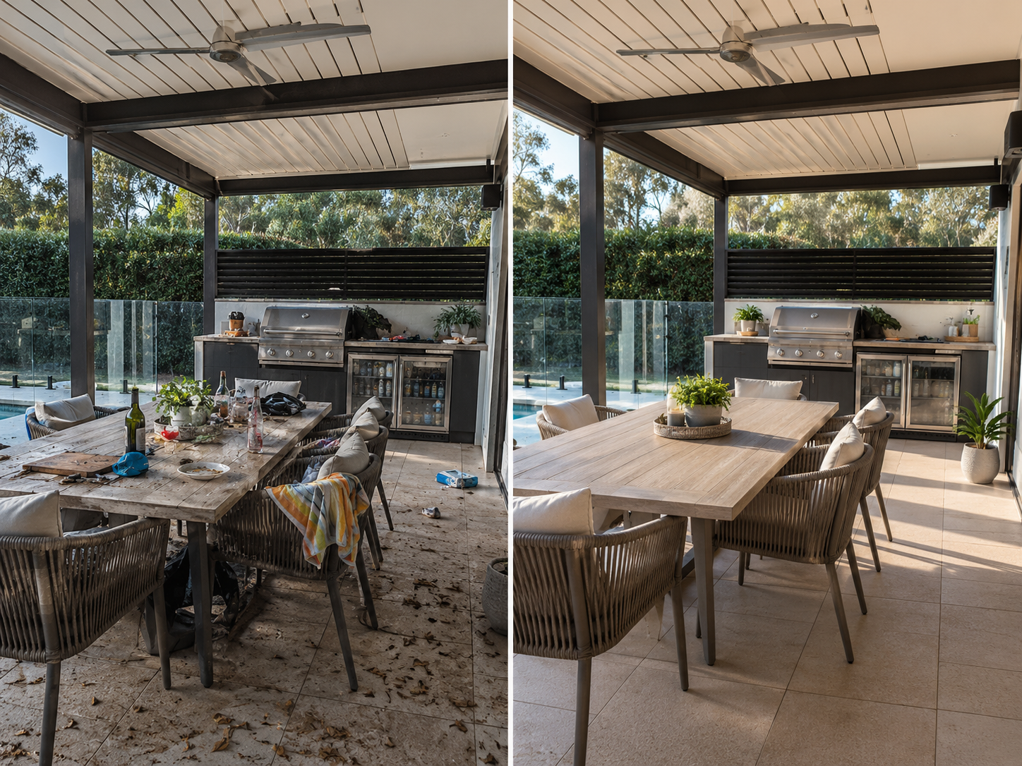 Fresh and tidy outdoor entertaining area by Southern Clean Scene, showing clean furniture, refreshed BBQ surfaces and a party-ready space after an Entertainer Reset service.