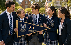 Australian private school students and staff holding commemorative anniversary pennant on campus oval