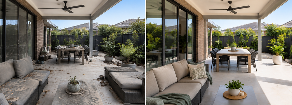 Fresh and tidy outdoor entertaining area by Southern Clean Scene, showing clean outdoor furniture, refreshed surfaces and a neat patio after an Outdoor Refresh service.
