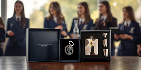 Engraved graduation keyrings and glassware gift sets displayed in the foreground, with Australian private school girls softly out of focus at an end-of-year graduation ceremony.