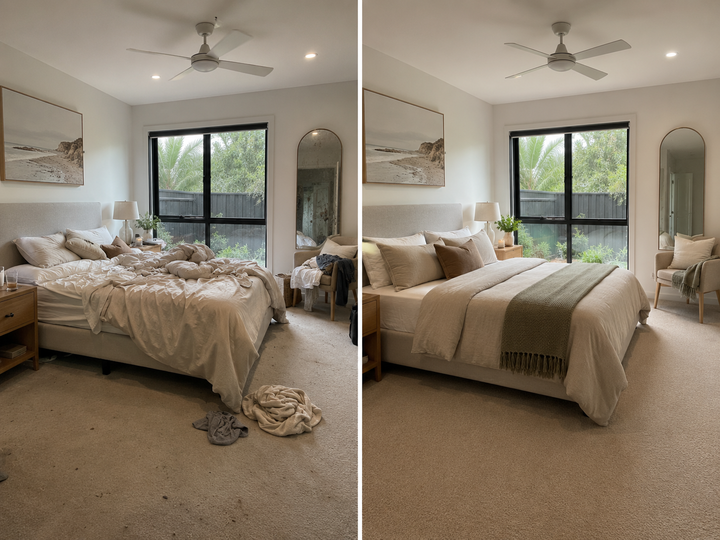 Fresh and tidy guest bedroom by Southern Clean Scene, showing a neatly made bed, clean surfaces and a welcoming room after a Guest Room Glow-Up service.