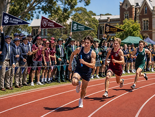 Students in classic independent school sports uniforms cheering with pennants during an inter-school relay race