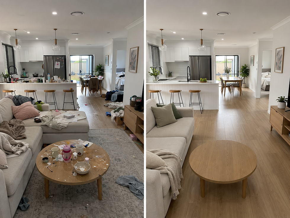 Cleaner tidying and refreshing a family home kitchen and living area as part of The Helping Hand home cleaning service in Adelaide.