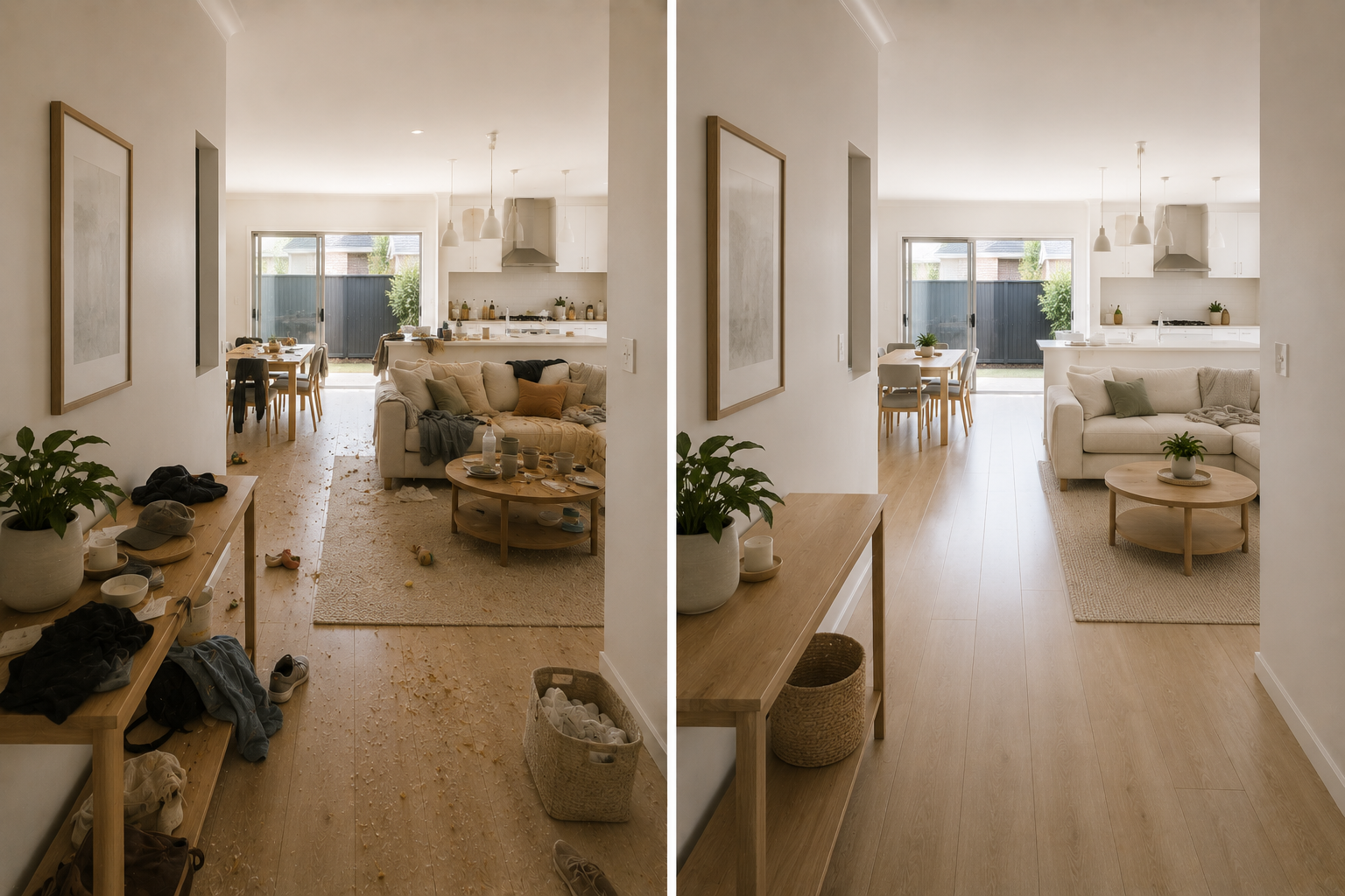 Last-minute home clean by Southern Clean Scene, showing tidy surfaces, refreshed floors and a calm reset after The Last-Minute Lifesaver service