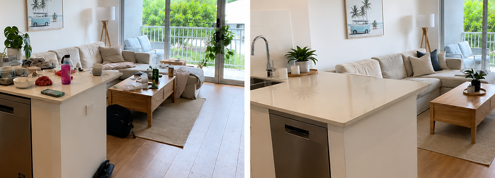Before and after Quick Reset clean by Southern Clean Scene, showing a lightly messy living and kitchen area transformed into a fresh, tidy and welcoming home.