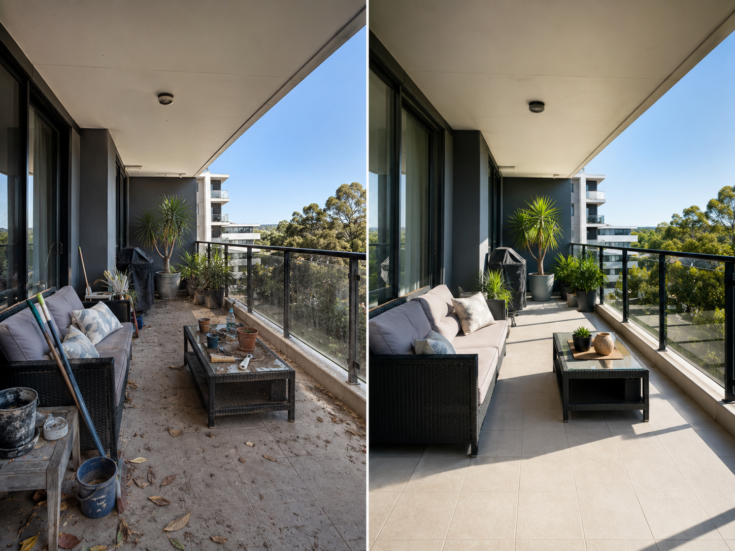 Fresh and tidy balcony by Southern Clean Scene, showing clean outdoor furniture, refreshed surfaces and a bright outdoor space after a Balcony Brighten-Up service.