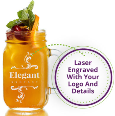 Promotional mason jars with custom engraving, ideal for cafés, bars, and weddings