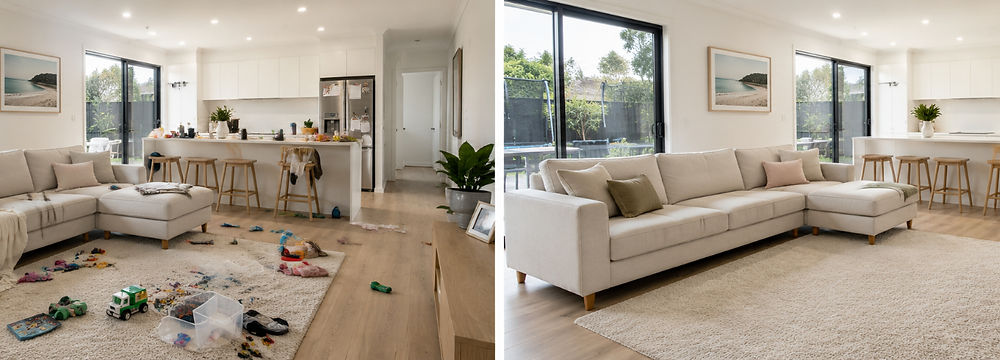 Cleaner tidying and refreshing a family home kitchen and living area as part of The Helping Hand home cleaning service in Adelaide.