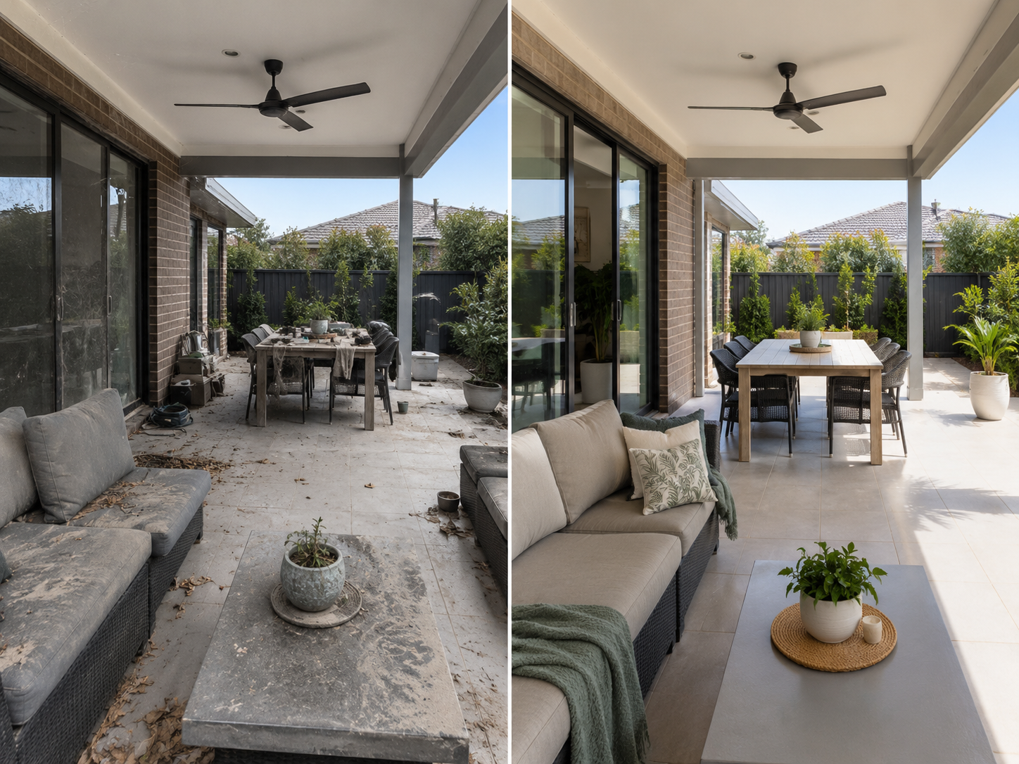 Fresh and tidy outdoor entertaining area by Southern Clean Scene, showing clean outdoor furniture, refreshed surfaces and a neat patio after an Outdoor Refresh service.