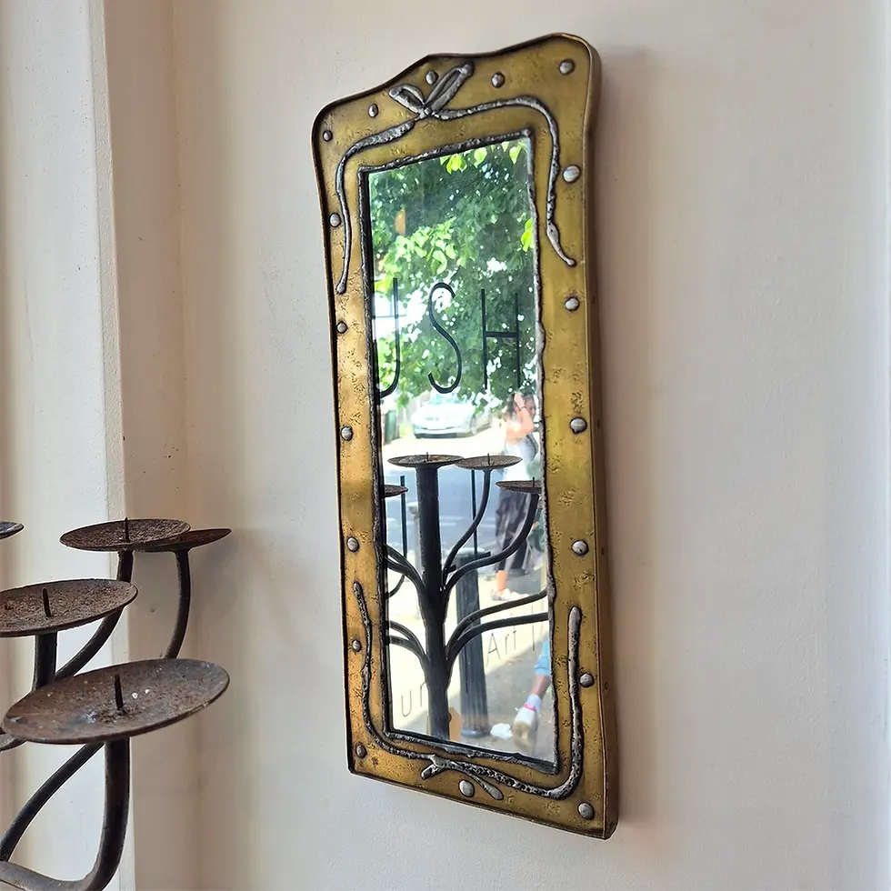 Thumbnail: Slim vintage brutalist metal wall mirror w/ brass coloured frame + grey hand finished detailing - 3/4 full view