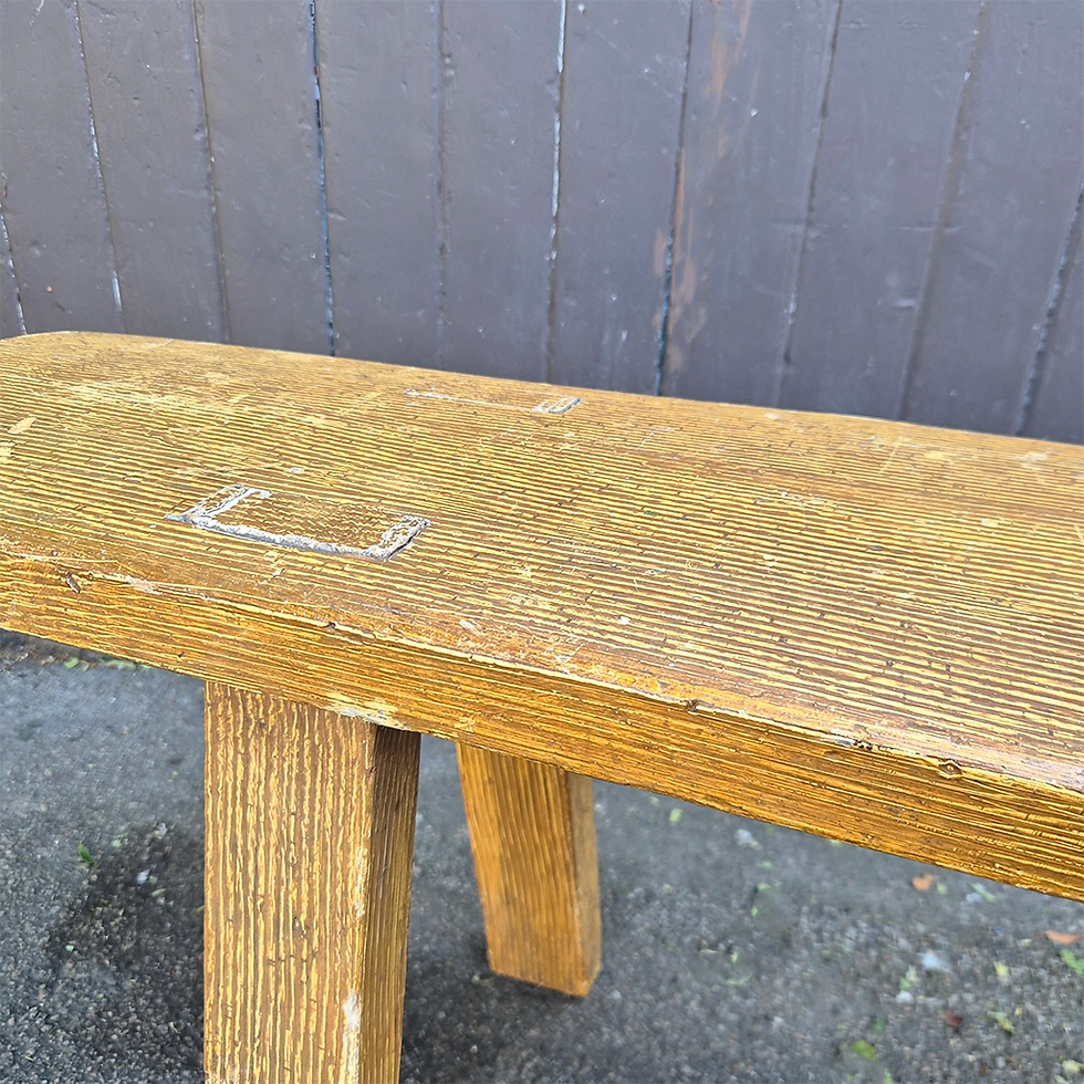 Thumbnail: Large vintage painted pine wooden bench with yellow scumbled finish - detail view