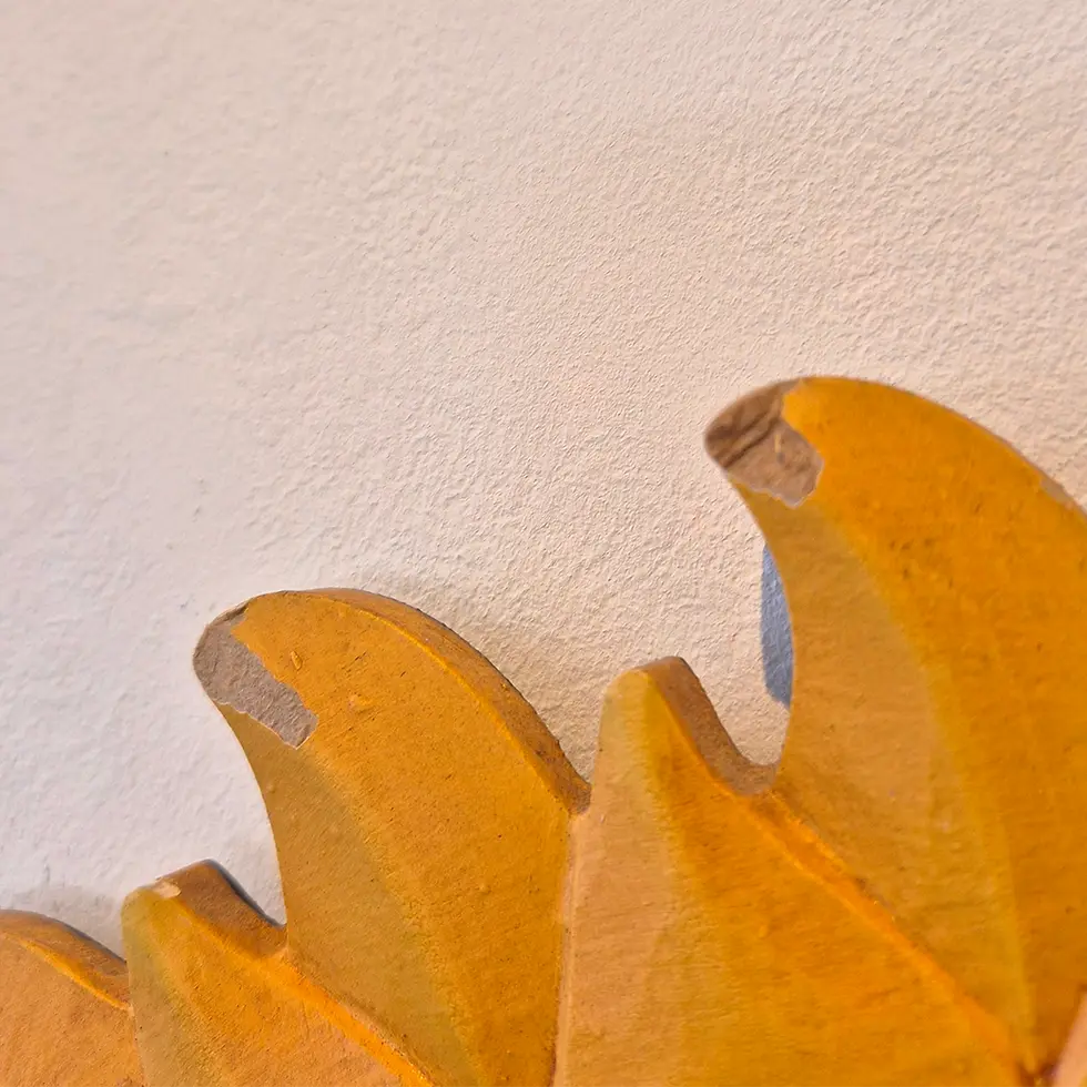 Thumbnail: Vintage yellow painted wooden mirror in the shape of the Sun - detail view