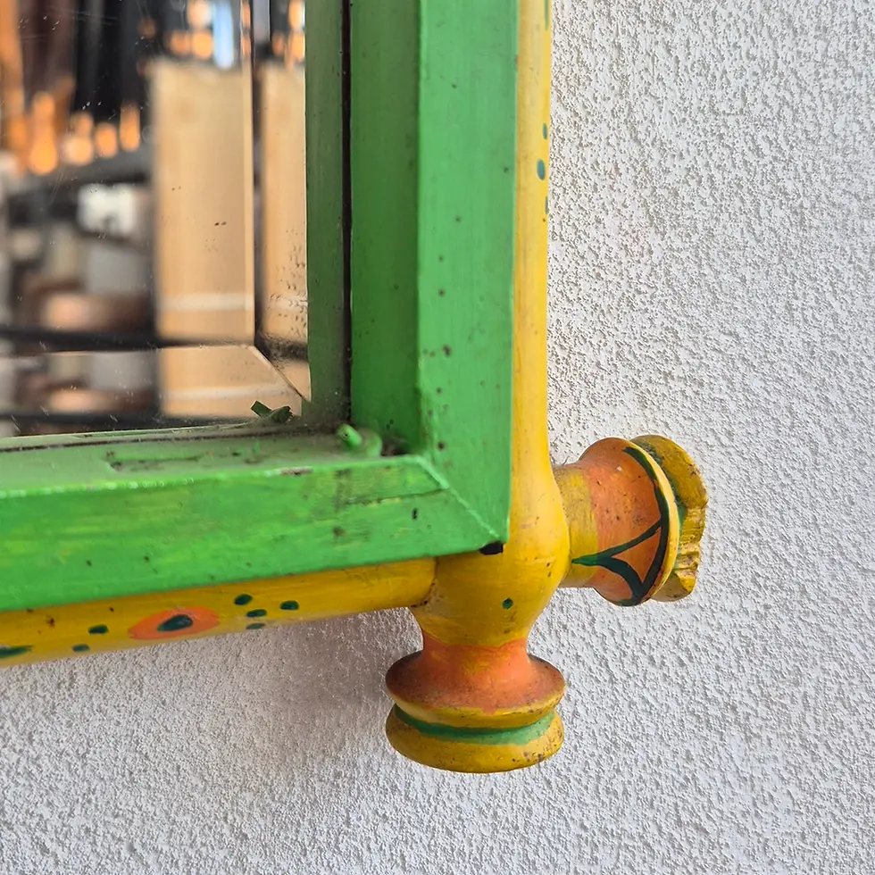 Thumbnail: Vintage folk art hand-painted wooden mirror with green and yellow faux bamboo frame - bevelled glass detail