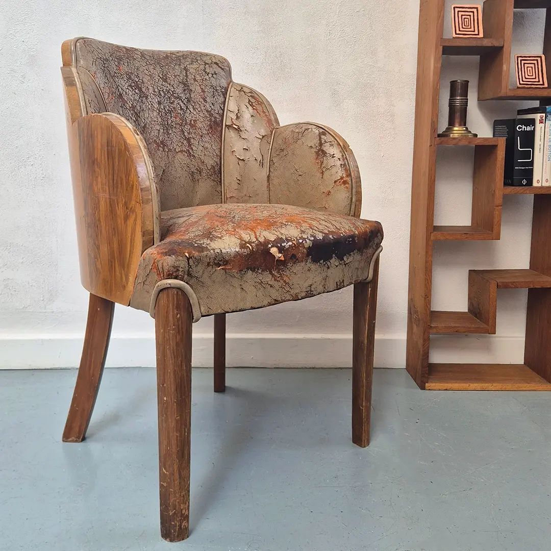 Vintage Art Deco cloud chair by Epstein in highly distressed condition - 3/4 view