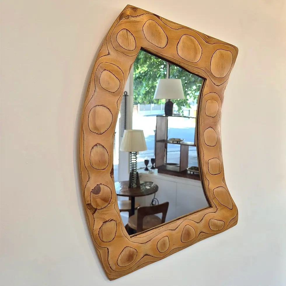 Thumbnail: A vintage Brutalist plywood mirror w/ asymmetrical form - side view