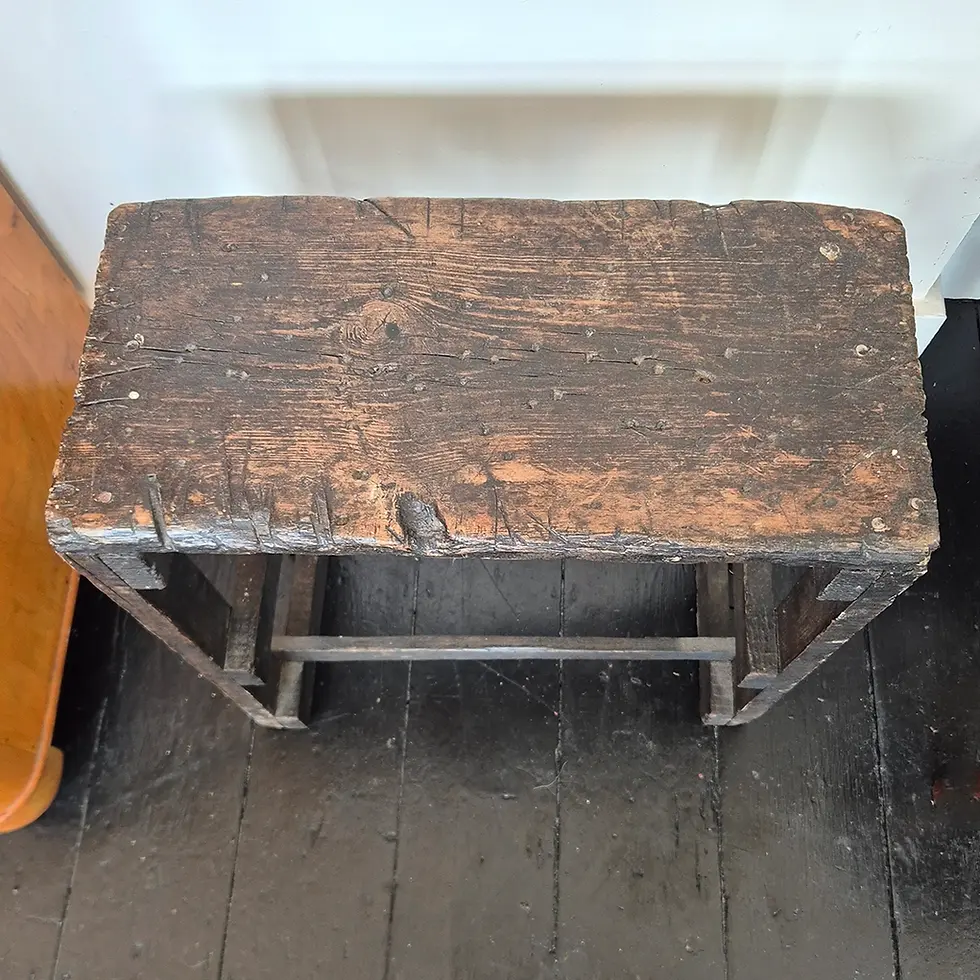 Thumbnail: Vintage wooden stool or side table from a Carpenter's workshop w/ characterful age - top view