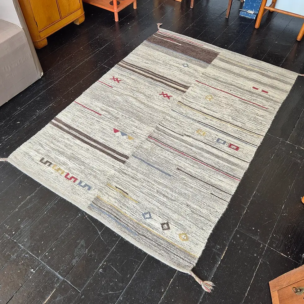 Thumbnail: A vintage Gabbeh style wooden floor rug in muted tones of Oatmeal and Grey - top 3/4 view