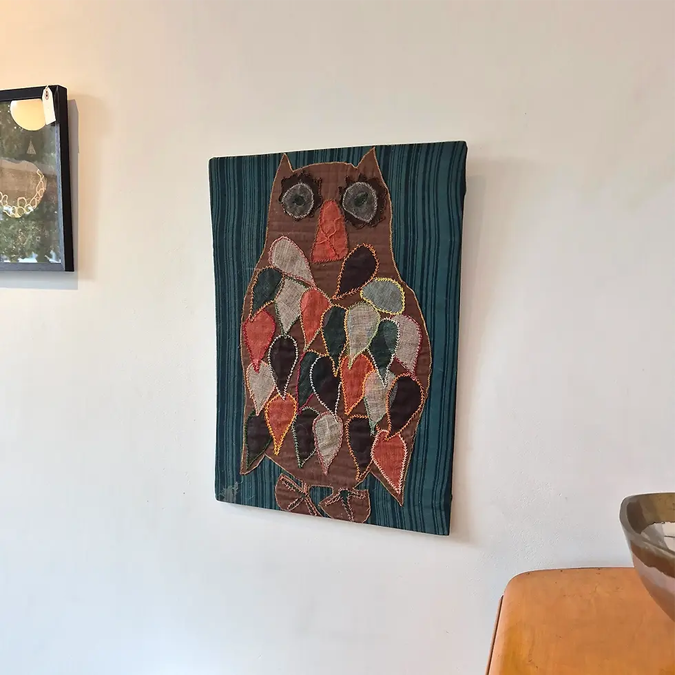 Thumbnail: Vintage embroidered fabric wall hanging with Owl motif (side view)