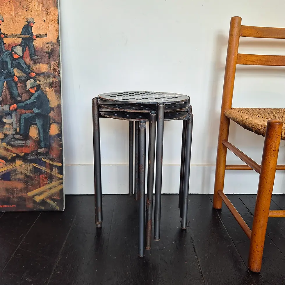 Thumbnail: Vintage metal stacking stool w/ perforated tops by artist Dean Edmonds - grey, aged patina - front view