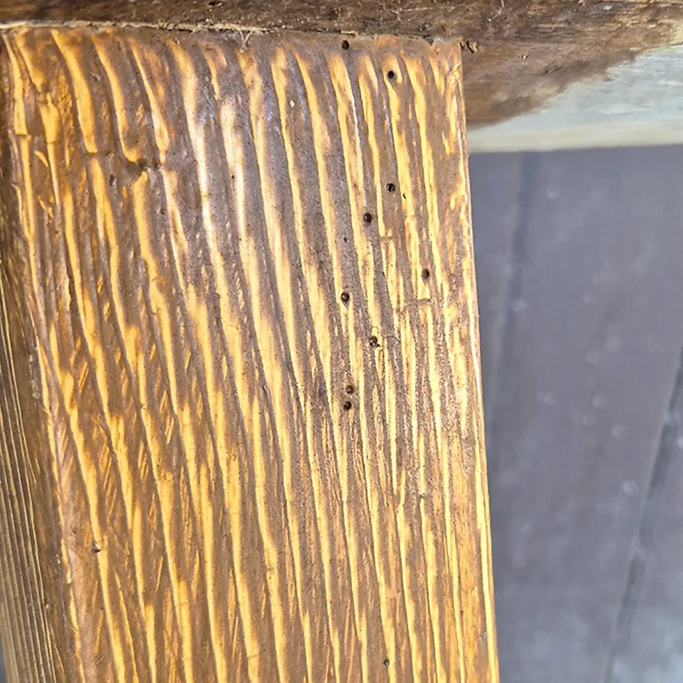 Thumbnail: Large vintage painted pine wooden bench with yellow scumbled finish - close up view of wear